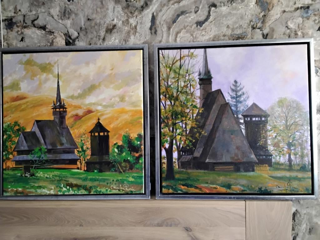 Schilderijen Olieverf 2 stuks van Mischa Rosic 54 cm x 54., Ophalen