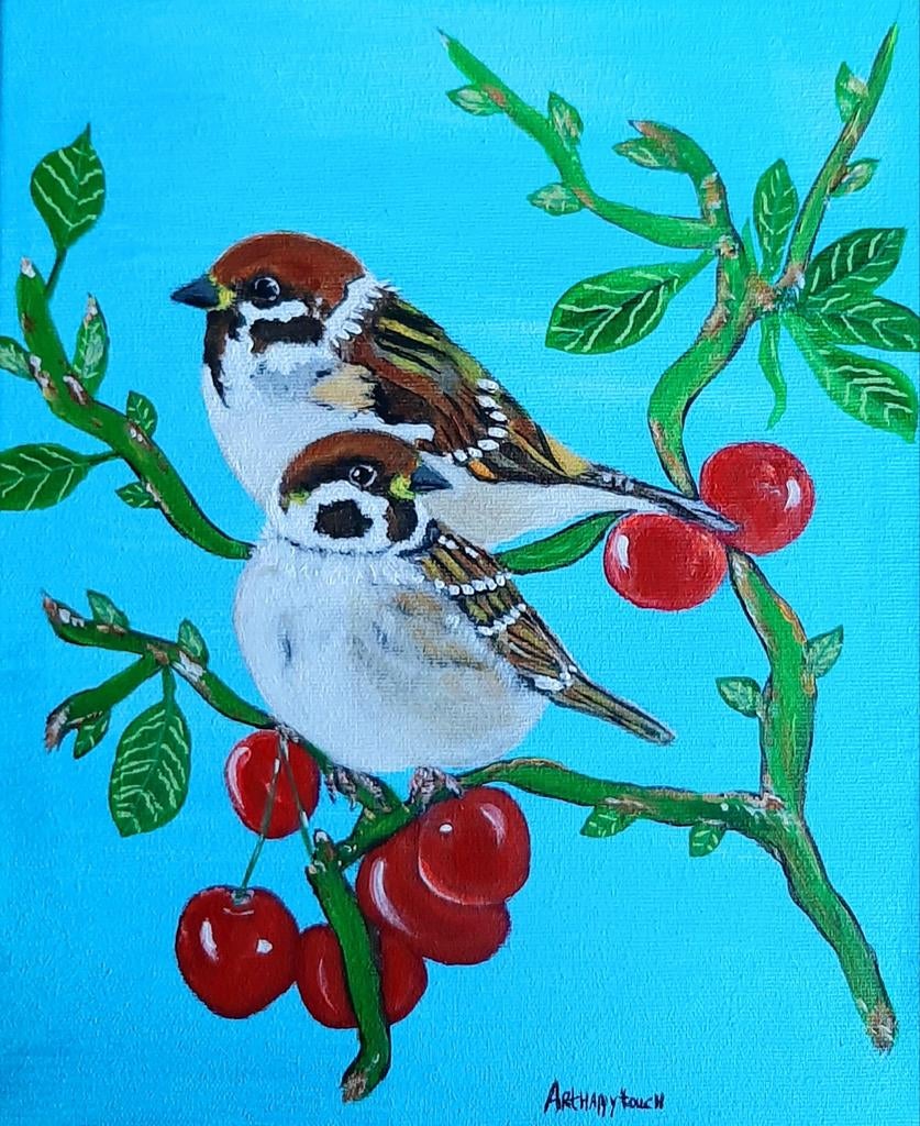 Schilderij Mussen op tak in vrolijk acryl op canvas, Ophalen of Verzenden