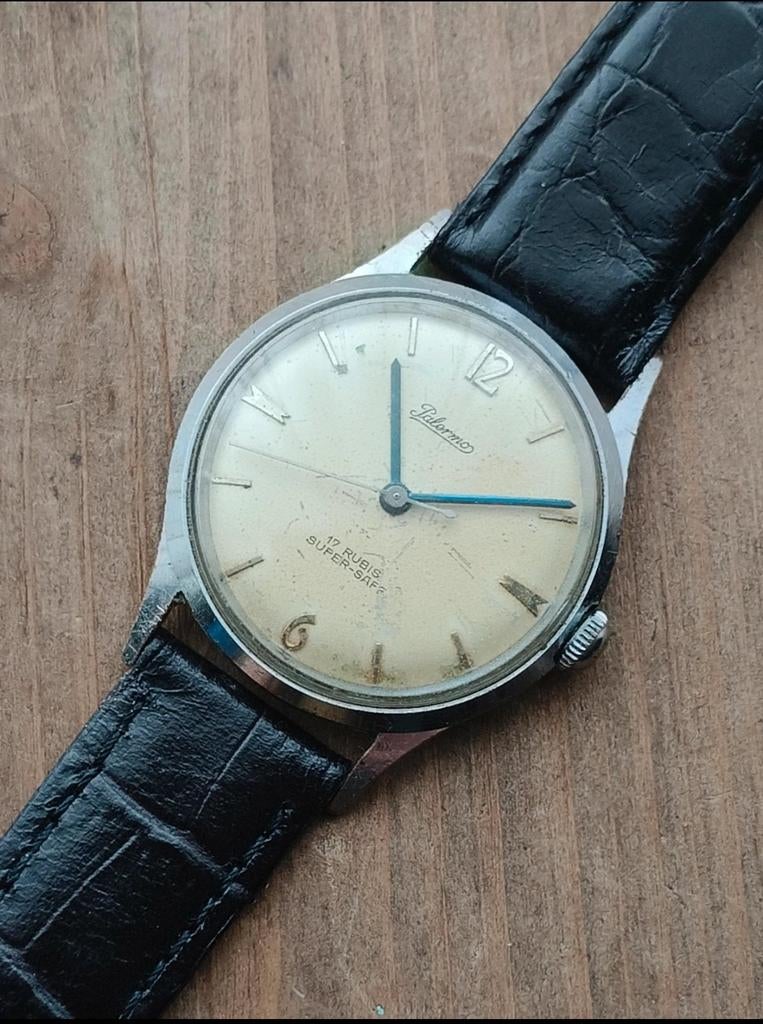 Palerma handopwinder, Sieraden, Tassen en Uiterlijk, Horloges | Antiek, Overige merken, Staal, Met bandje, 1960 of later