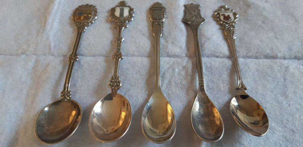 5 oude theelepels stadswapens ( verzilverd), Ophalen of Verzenden