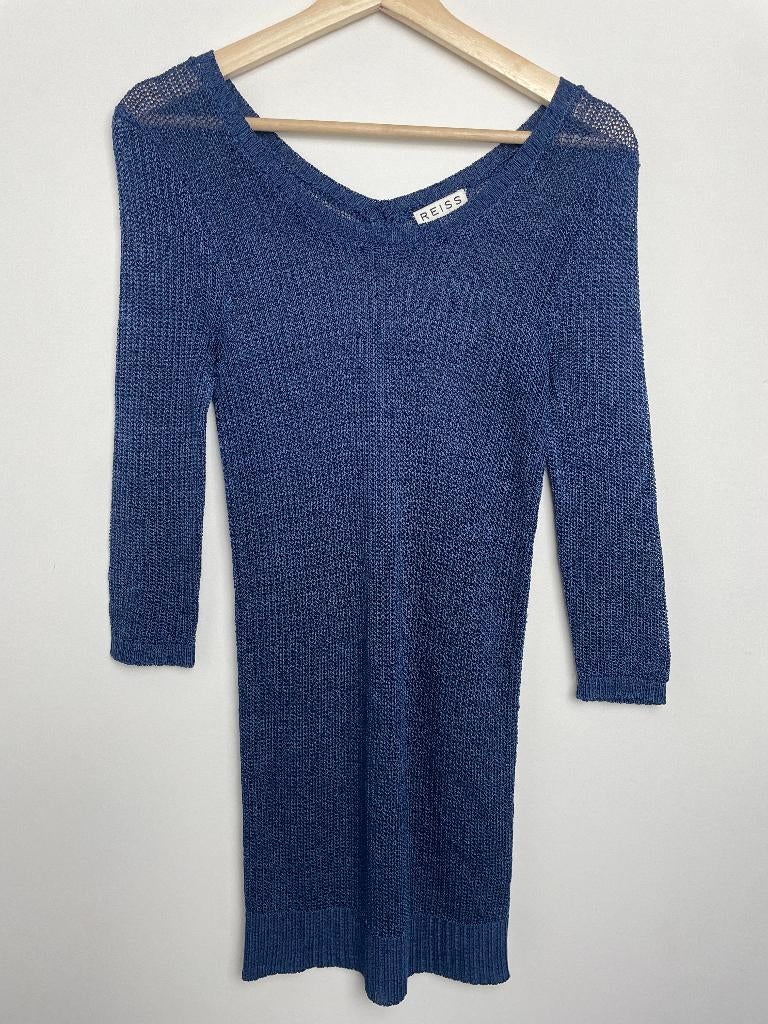 Reiss grofgebreide mini jurk lange trui blauw maat 34 v-hals, Reiss, Enquiries@mail.reiss.com, Blauw, Ophalen of Verzenden