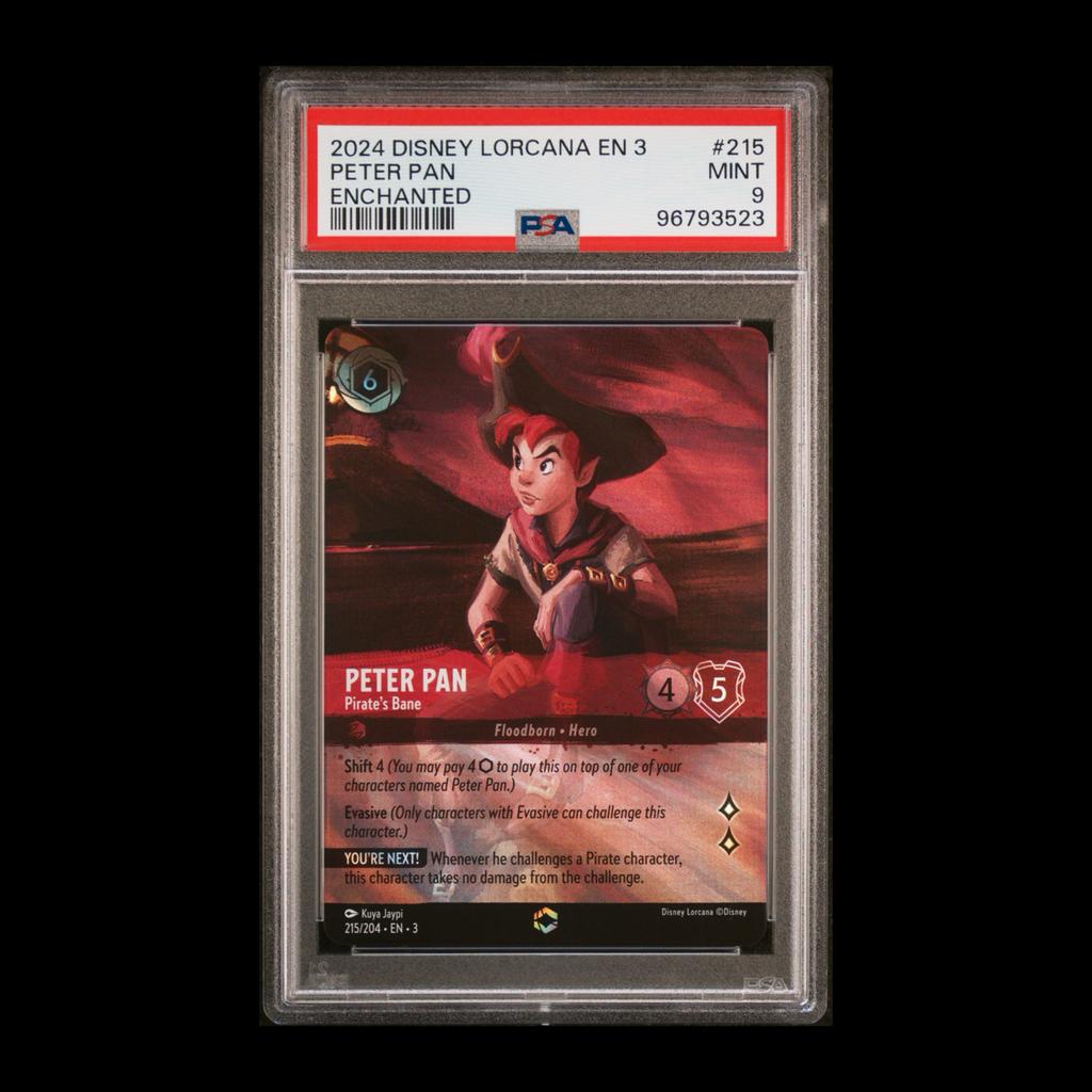 Disney Lorcana Peter Pan Enchanted PSA 9, Ophalen of Verzenden, Zo goed als nieuw, Losse kaart, Foil