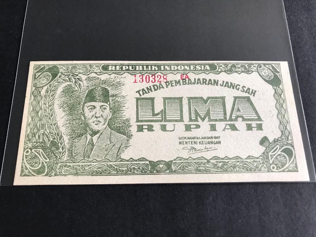 Indonesie 5 rupiah 1947 P21 Soekarno Sukarno 130328EA, Ophalen of Verzenden, Zuidoost-Azië, Los biljet