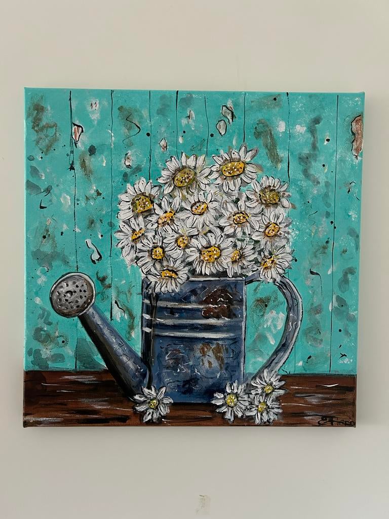 Schilderij Gieter met Bloemen - Acrylverf 40x40 cm, Ophalen of Verzenden