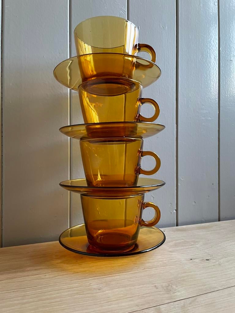 4 Vintage Vereco kop en schotels amber kleurig France 1970s, Ophalen of Verzenden