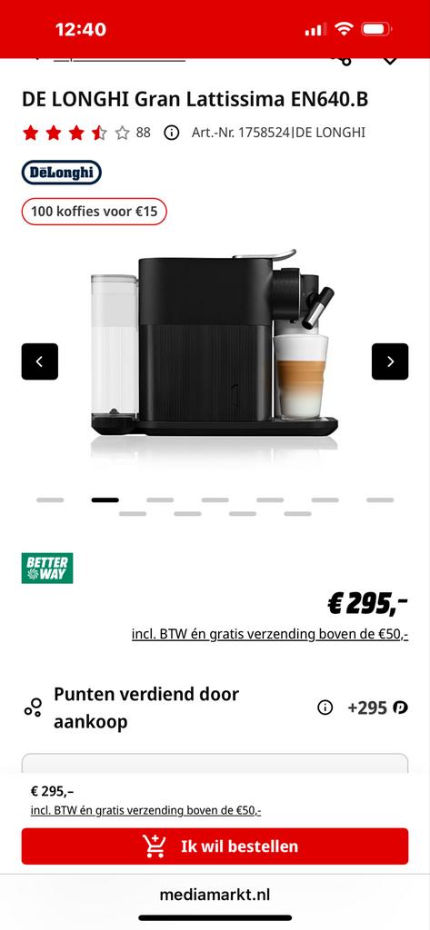 De'Longhi Nespresso Gran Lattissima EN640.B, Gebruikt, Koffiemachine, Ophalen of Verzenden, Koffiepads en cups