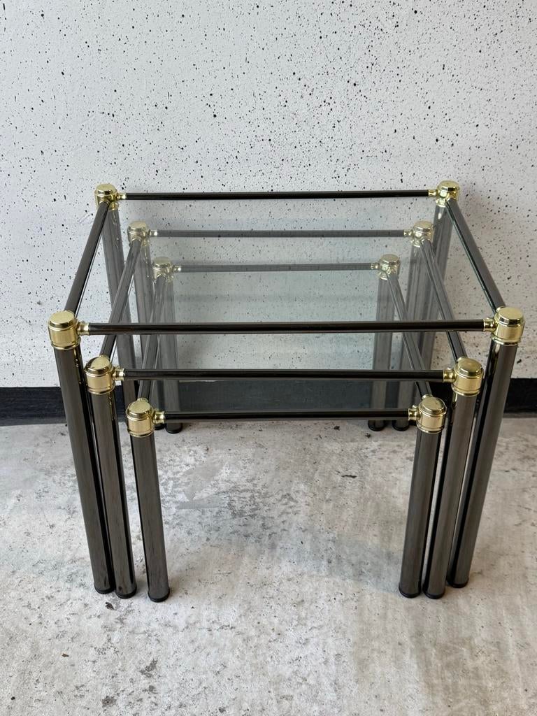 Set van 3 Vintage Nesting Bijzettafels - Glas & Metaal, Ophalen