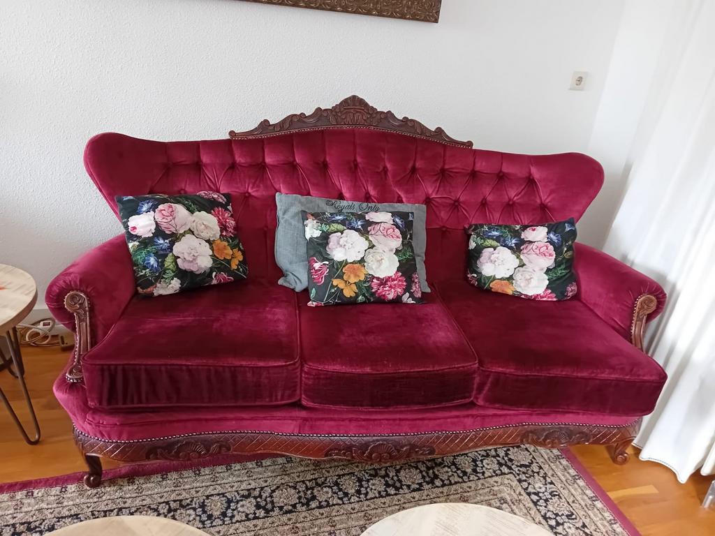 Vintage velours rode 3-zits bank, Gebruikt, Vintage, Driepersoons, 75 tot 100 cm