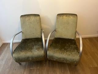Groene, fluwelen fauteuils met metalen armleuningen, Huis en Inrichting, Fauteuils, Ophalen, Stof, Modern art deco, Minder dan 75 cm