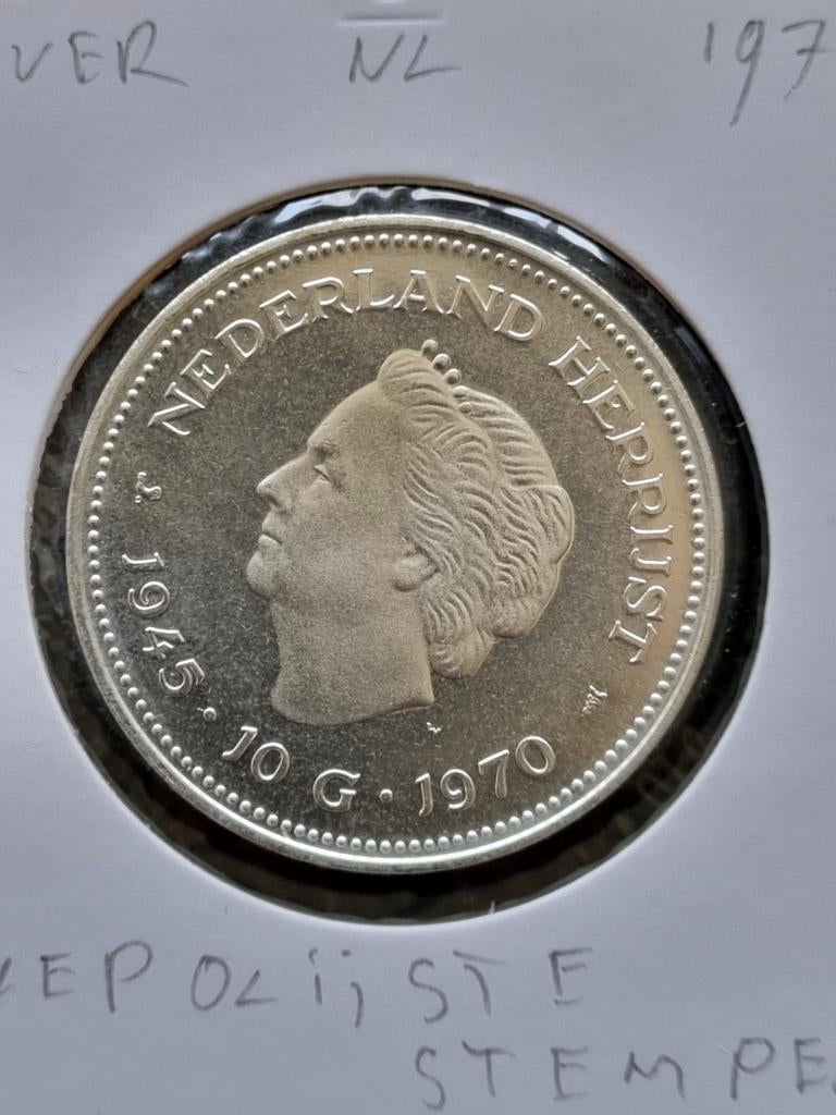10 gulden 1970 met gepolijste stempel, Koningin Juliana, Zilver, Ophalen of Verzenden, Losse munt