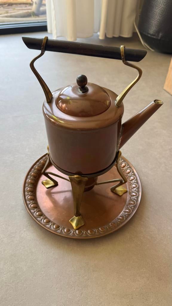 Koperen theepot met rechaud en dienblad, Antiek en Kunst, Ophalen of Verzenden, Koper