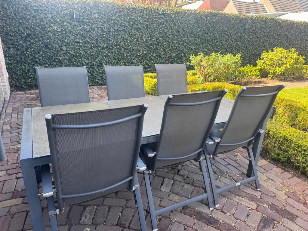 Tuinset tafel met glas en 6 verstelbare stoelen, Ophalen of Verzenden, Gebruikt, Aluminium