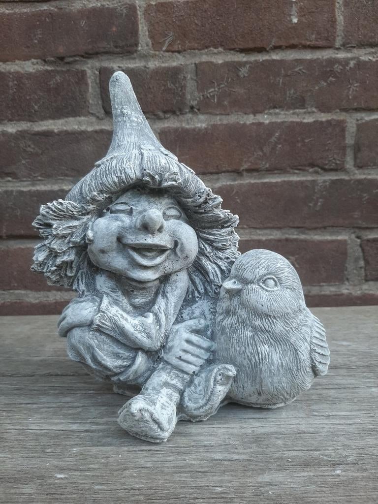 Elfje met vogel betonnen beeld tuinbeeld beton, Ophalen of Verzenden