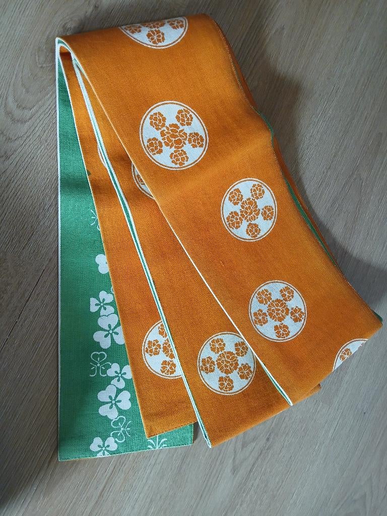 Traditionele Japanse obi hanhabaobi oranje groen, Ophalen of Verzenden