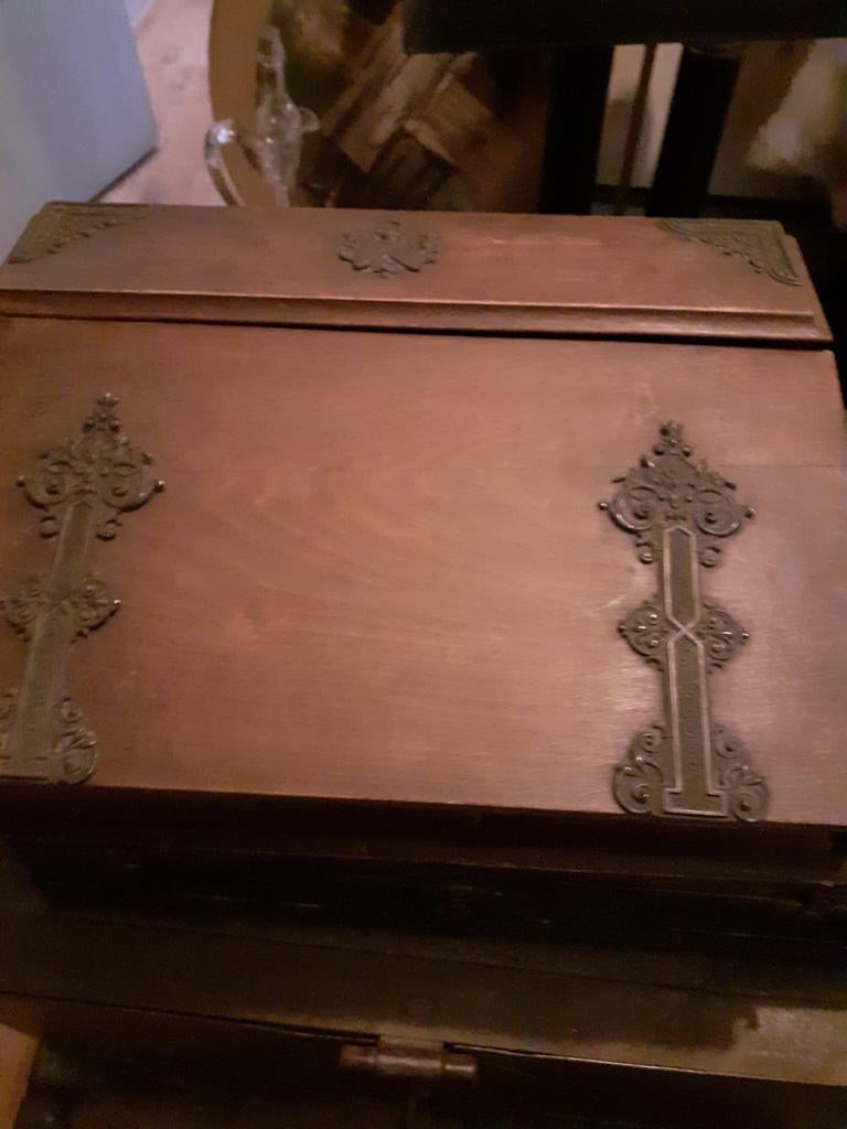 Antiek brocante houten schrijfkist smeedijzeren beslag, Ophalen of Verzenden