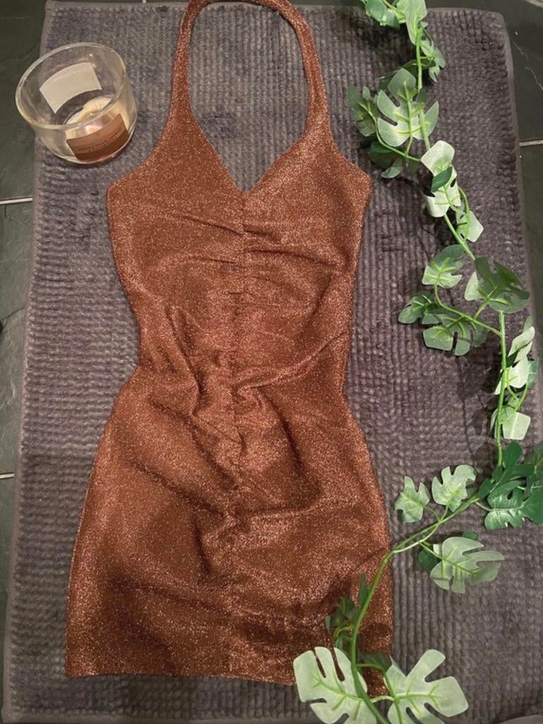 Bruine glitter halter jurk - Divided H&M - XXS, Ophalen of Verzenden, Nieuw, Maat 34 (XS) of kleiner, Bruin