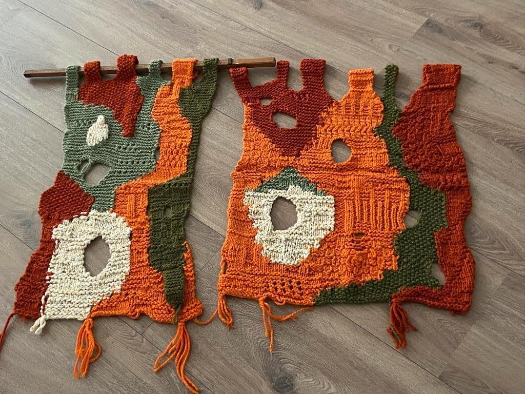 Vintage wandkleden oranje bruin mosgroen wol gebreid retro, Ophalen of Verzenden