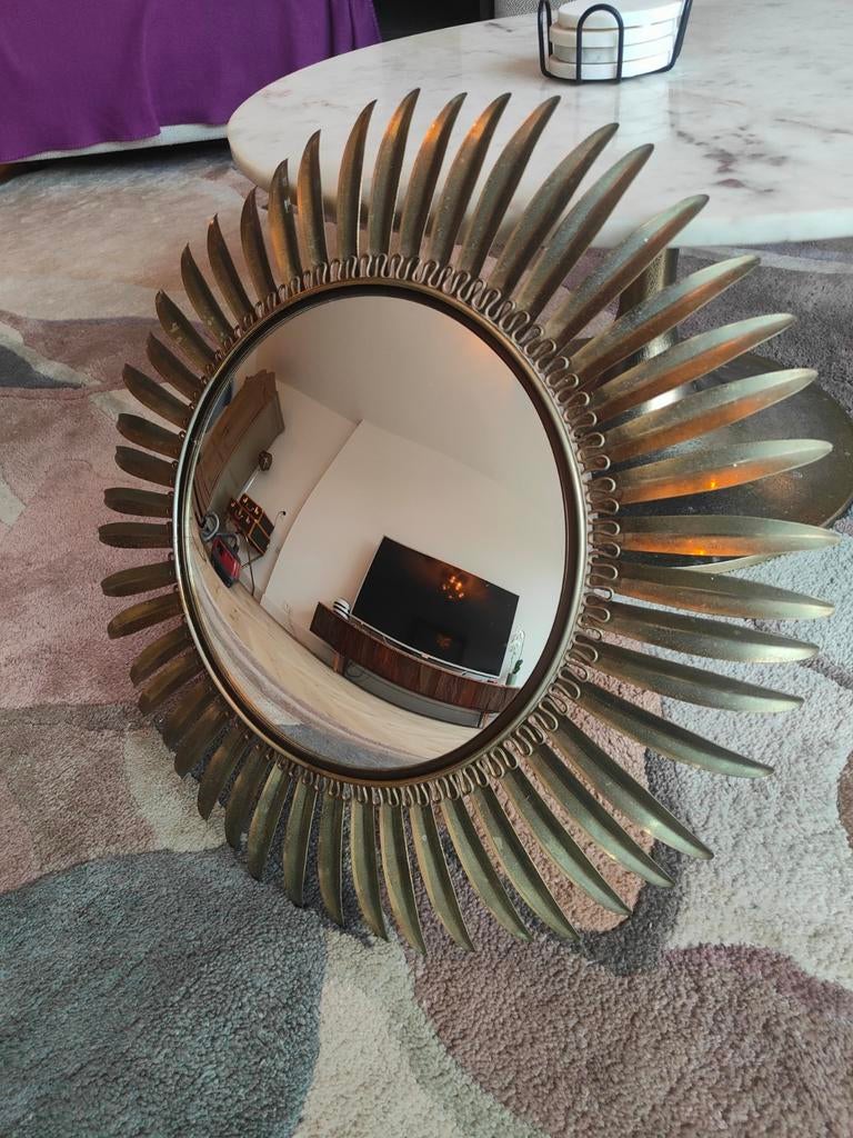 Vintage deknudt sunburst heksenoog spiegel retro design, Ophalen