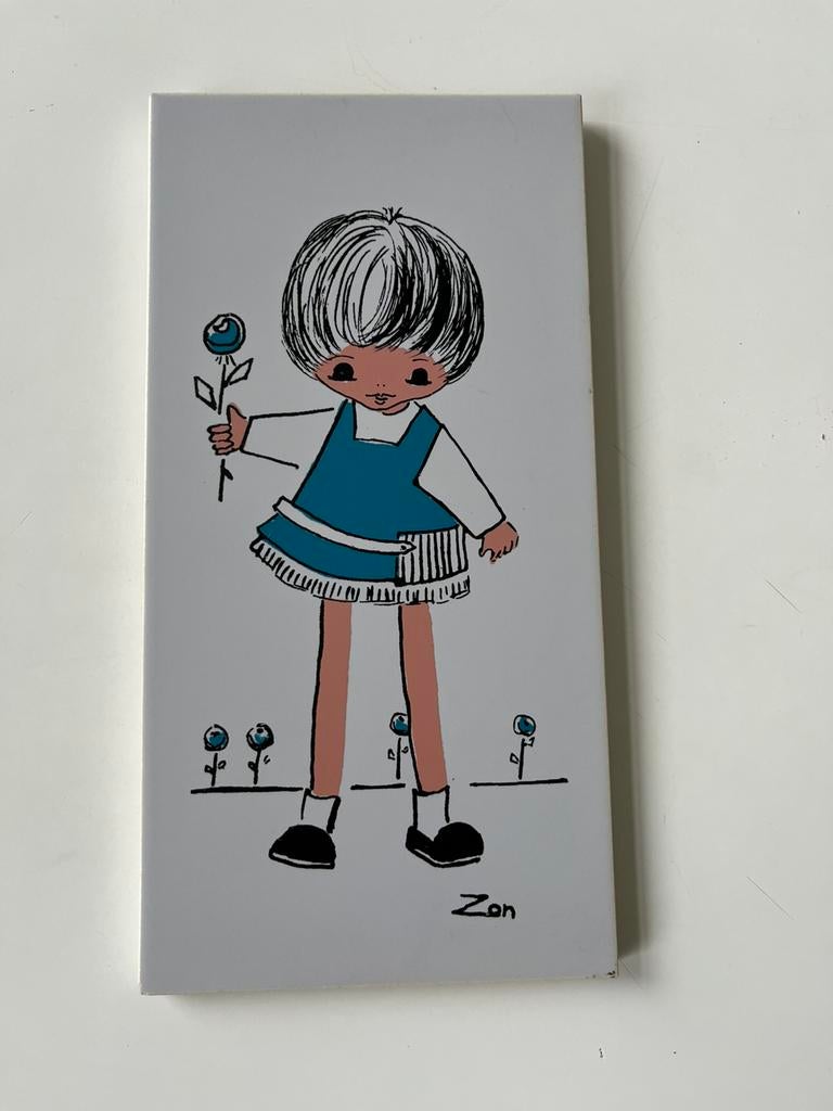 Mosa tegel vintage keramiek meisje met bloem Zon, Ophalen of Verzenden