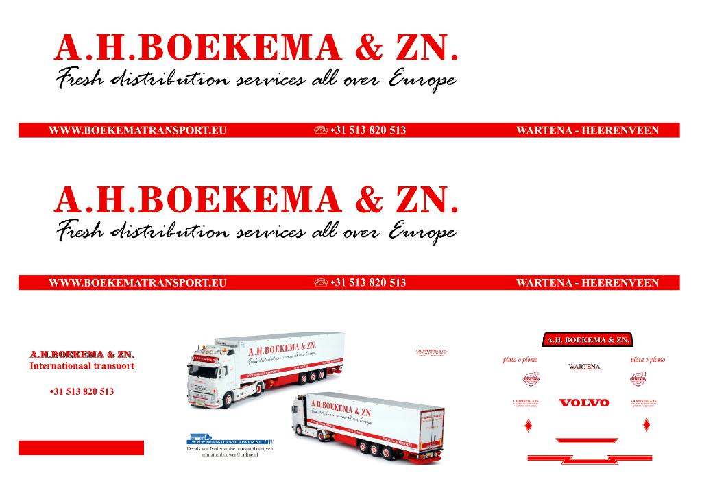 Vrachtauto decal 1:50 A.H.Boekema ( Volvo FH 4 ), Hobby en Vrije tijd, Modelauto's | 1:50, Verzenden, Nieuw, Bus of Vrachtwagen