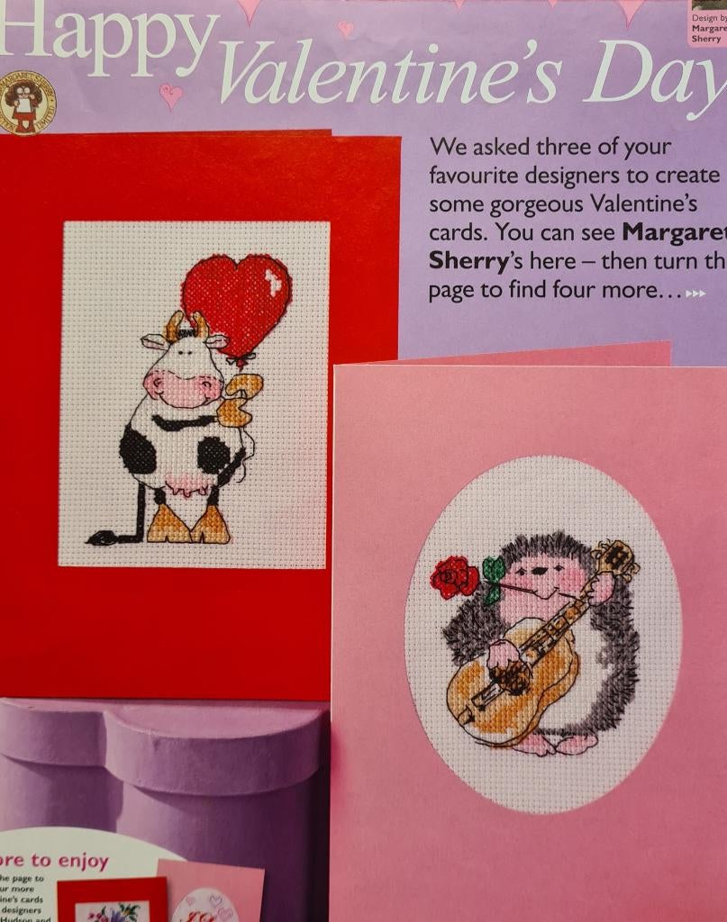 Valentine kaarten Margaret Sherry egel en koe borduurpatroon, Hobby en Vrije tijd, Ophalen, Nieuw, Handborduren, Patroon