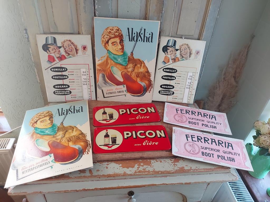 4 x 2 stuks oude reclameborden, Ophalen of Verzenden, Gebruikt, Reclamebord