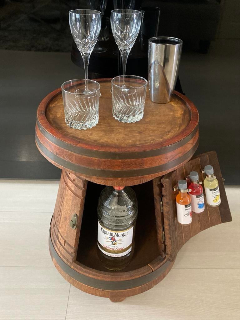 Unieke houten minibar bijzettafel vatvorm drankton wijnton, Ophalen, Minder dan 50 cm, Gebruikt, 50 tot 100 cm