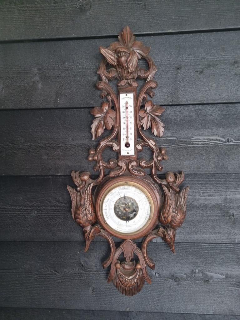 Antieke Barometer en Thermometer in Houtsnijwerk, Ophalen of Verzenden, Gebruikt, Weerstation