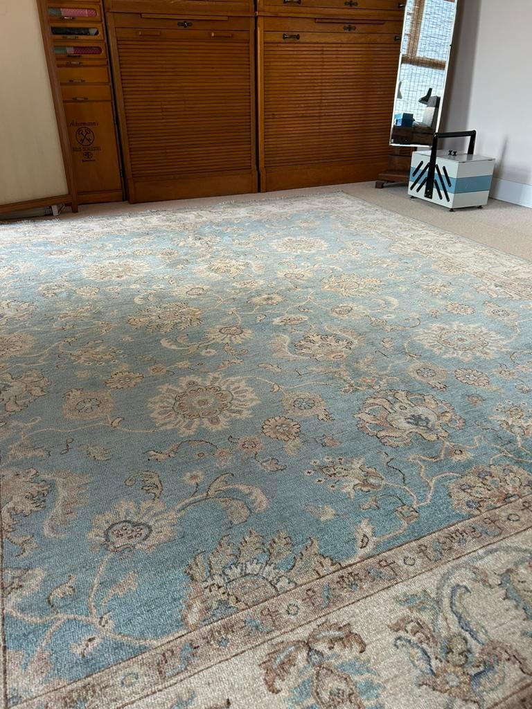 Lichtblauw Wollen Ziegler tapijt 250x300m, Ophalen, Blauw, 200 cm of meer, Zo goed als nieuw