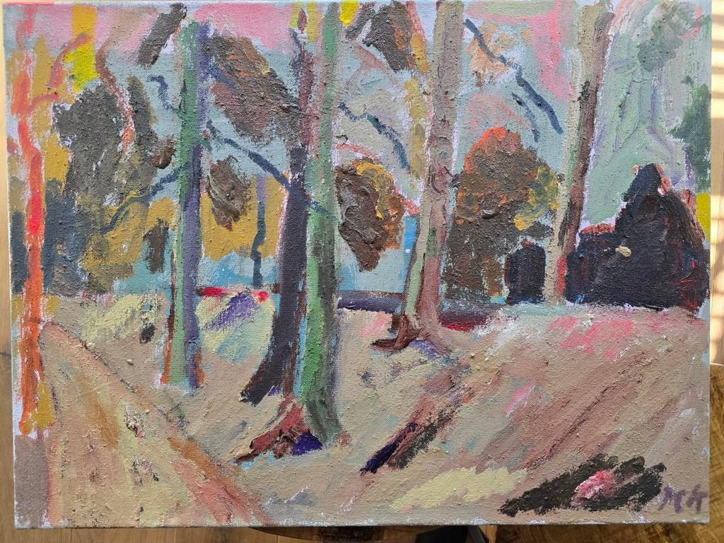 Groot schilderij P.C. Kuiper - Boslandschap (gesigneerd), Antiek en Kunst, Ophalen of Verzenden