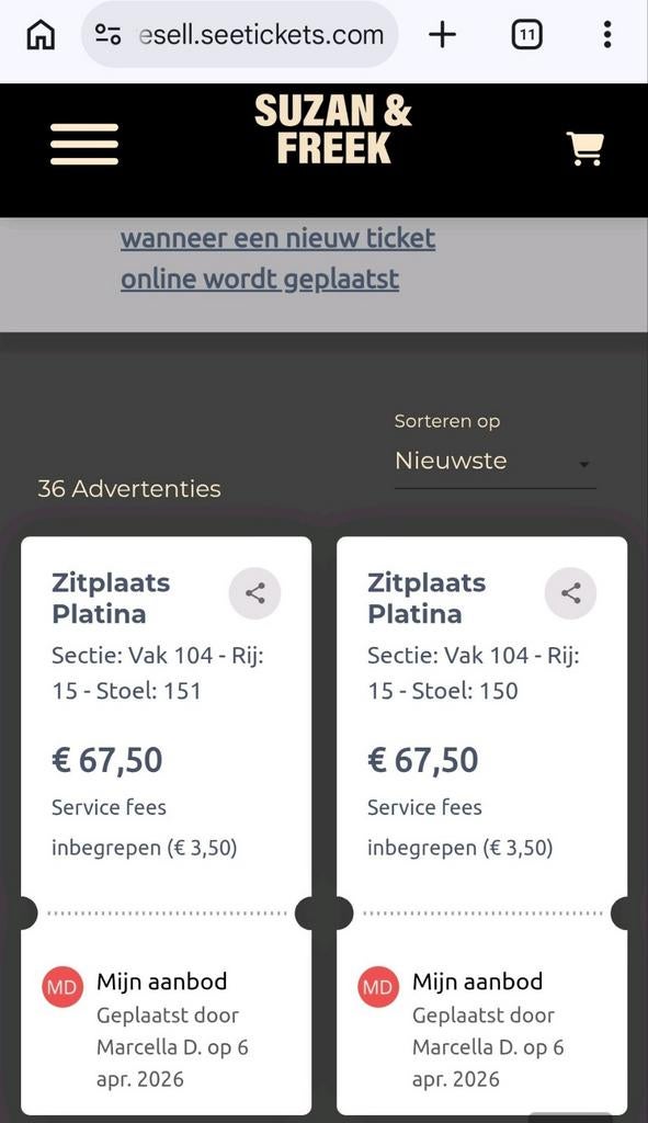 2 platina tickets concert Suzan en Freek zat 30 mei, Twee personen