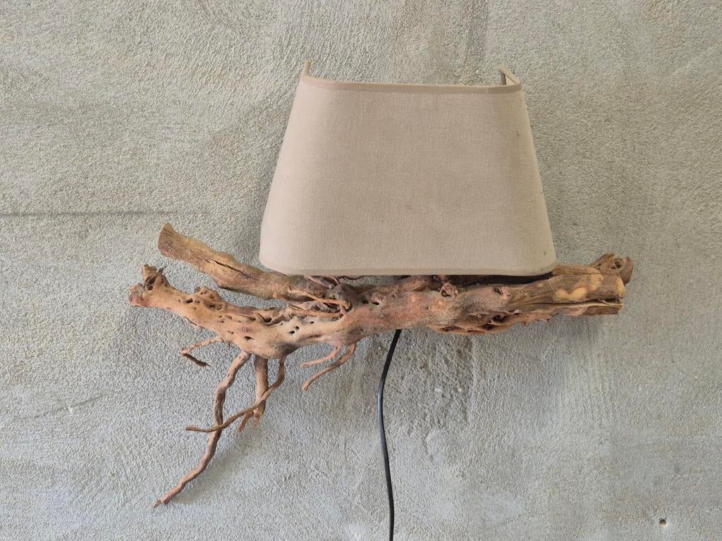 2 wandlampen drijfhout beige linnenlook kap, Huis en Inrichting, Lampen | Wandlampen, Ophalen, Zo goed als nieuw, Hout