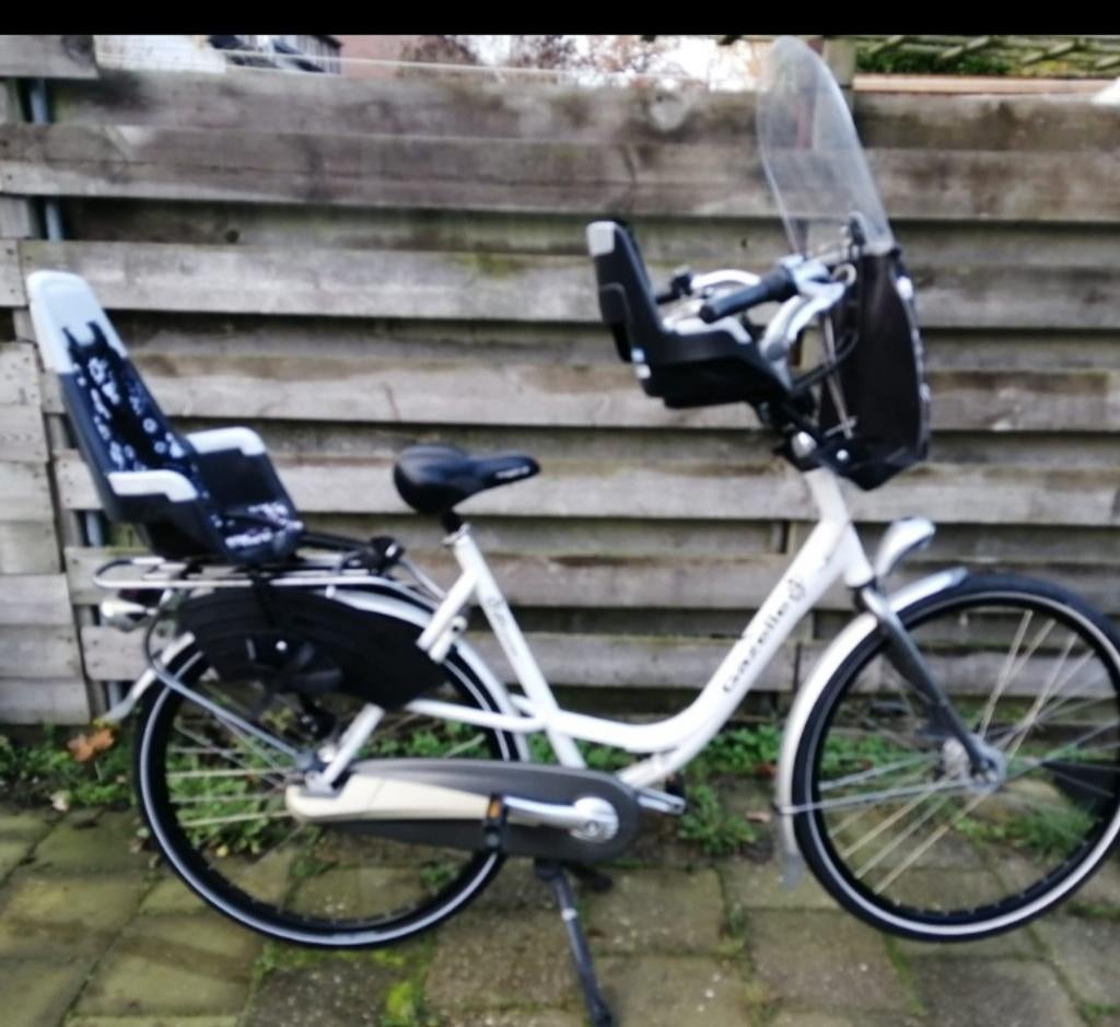 Fiets met kinderzitjes en windscherm, Fietsen en Brommers, Fietsen | Dames | Damesfietsen, 53 tot 56 cm, Ophalen, Gebruikt, Gazelle