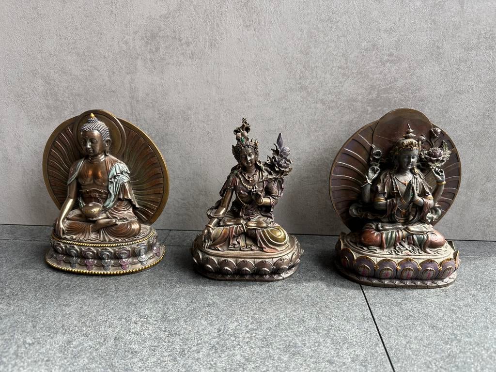 3 Bijzondere Buddha Beelden - Set - Brons Look - Antiek?, Ophalen, Gebruikt, Religie