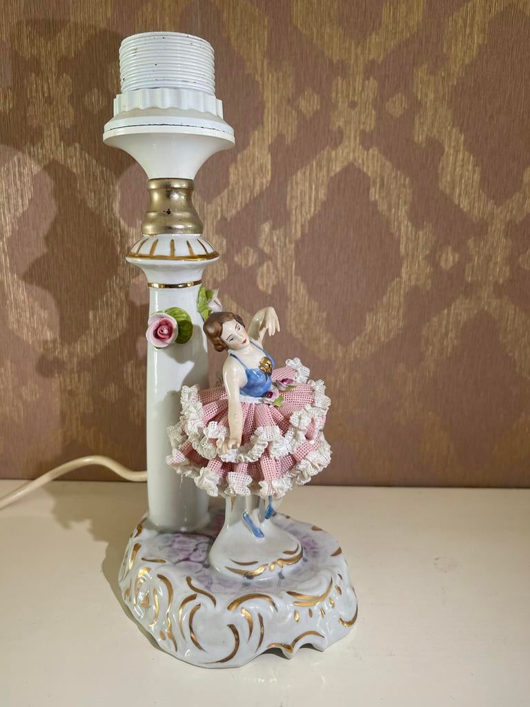 Antieke Saksisch Dresden Porseleinen Tafellamp met Ballerina, Antiek en Kunst, Ophalen of Verzenden