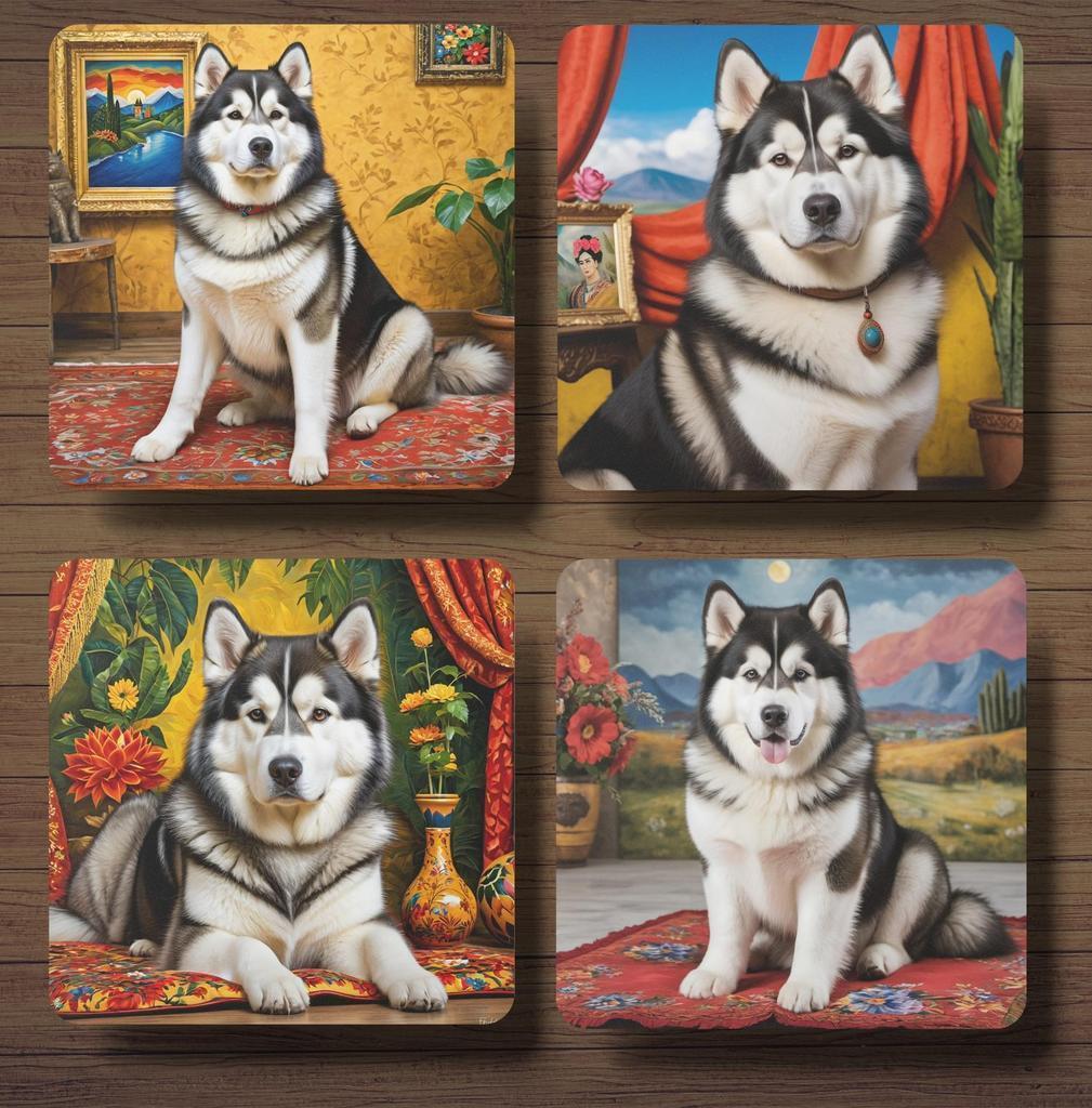 Malamute Frida Kahlo onderzetters met houder, Huis en Inrichting, Ophalen of Verzenden, Nieuw, Glas of Kopje