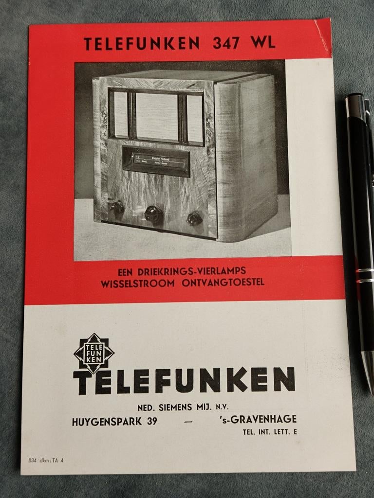 TELEFUNKEN, VOOROORLOGSE RECLAME., Ophalen of Verzenden