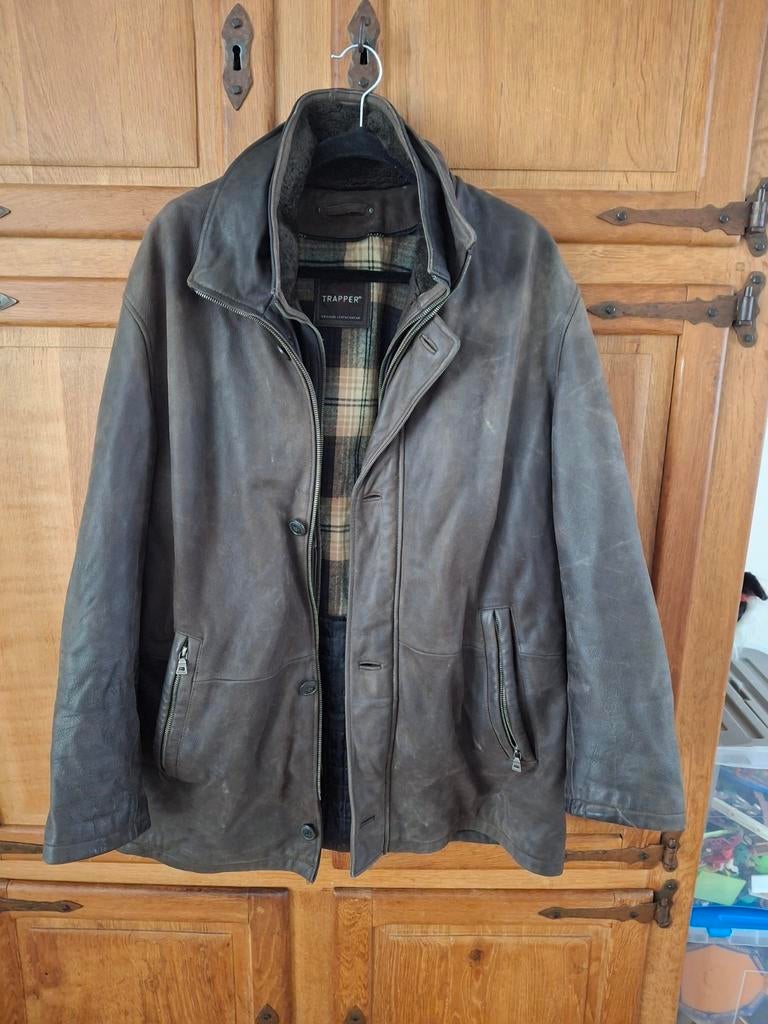 Trapper Leren Herenjas - Bruin met Geruite Voering, Kleding | Heren, Maat 52/54 (L), Bruin, Ophalen of Verzenden, Gedragen