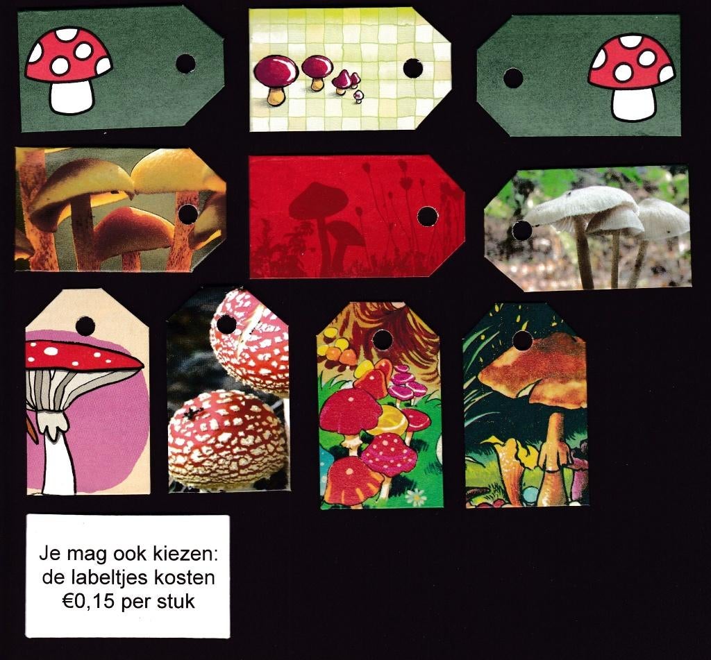 8722) paddestoelen paddenstoelen labeltjes, Ophalen of Verzenden, Zo goed als nieuw