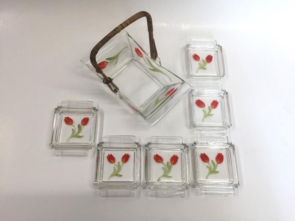 setje glazen bonbonschaaltje met 6 bijpassende schaaltjes, Gebruikt, Ophalen of Verzenden, Overige stijlen, Glas