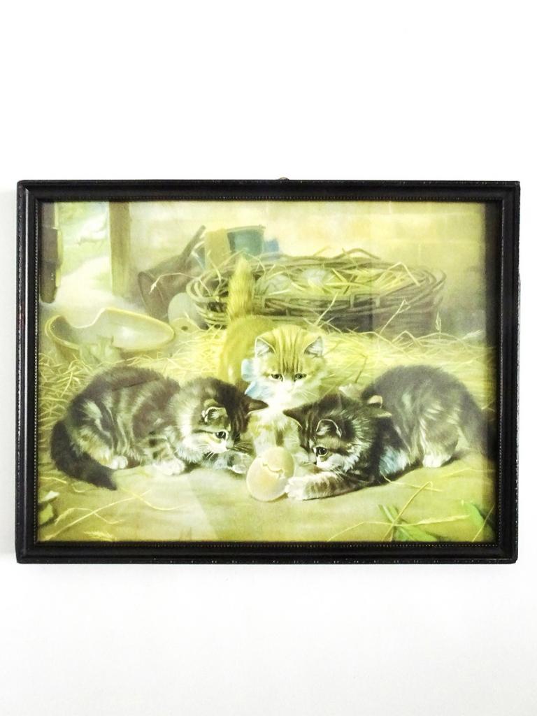 Vintage 50s kitsch kat katten kittens prent kunst lijst hout, Ophalen, Gebruikt