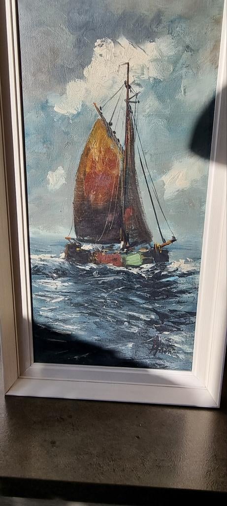 Olieverf schilderij zeilboot/platbodem, Antiek en Kunst, Ophalen of Verzenden