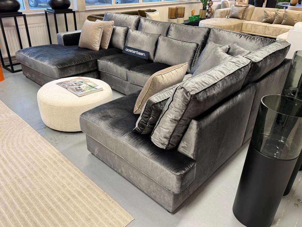 ACTIE - Luxe Velvet U-bank Pocket 170x350x220cm Grijs NIEUW, Huis en Inrichting, Banken | Bankstellen, Info@oosterbaanwonen.nl