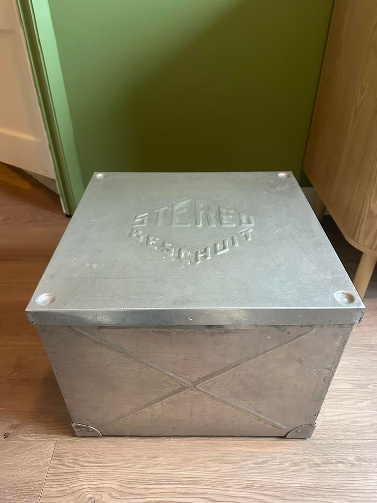 Antiek Stereo Beschuit blik Rotterdam - Zilver Chrome groot, Ophalen, Gebruikt, Metaal, Minder dan 50 cm