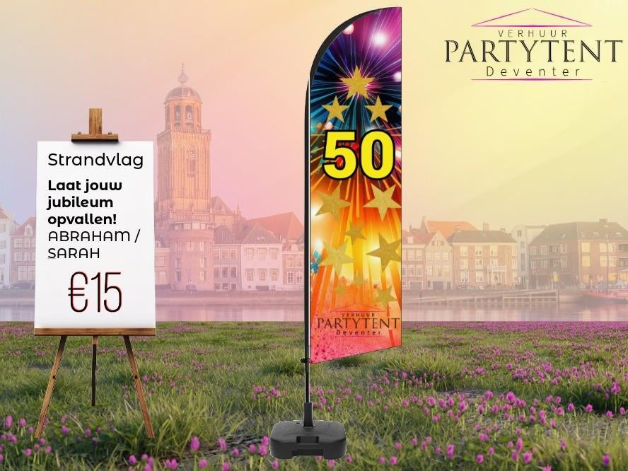 Jubileum 50 jaar! Vlag huren voor Abraham of Sarah, Hobby en Vrije tijd, Feestartikelen | Verhuur, Nieuw, Abraham of Sarah, Ophalen