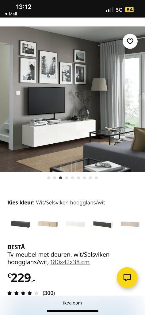 IKEA Besta tv meubel wit hoogglans, Huis en Inrichting, Kasten | Wandmeubels, Ophalen, Zo goed als nieuw, Minder dan 150 cm, 150 tot 200 cm