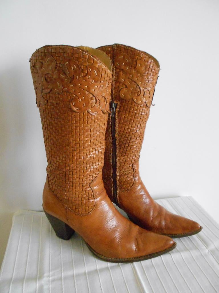 Vintage laarzen cognac als nieuw cowboy hippie boho 80's 39, Hoge laarzen, Bruin, Verzenden, Zo goed als nieuw