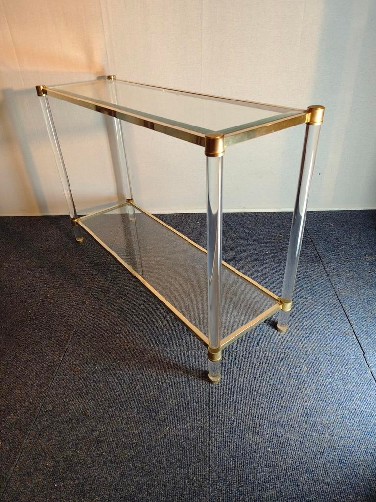 Prachtige Hollywood Regency Sidetable – Messing & Lucite, Ophalen, Glas, 75 cm of meer, 60 cm of meer