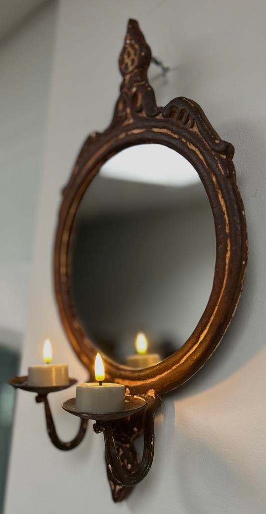 Gietijzeren blaker kandelaar spiegel India Oosters sober, Ophalen of Verzenden