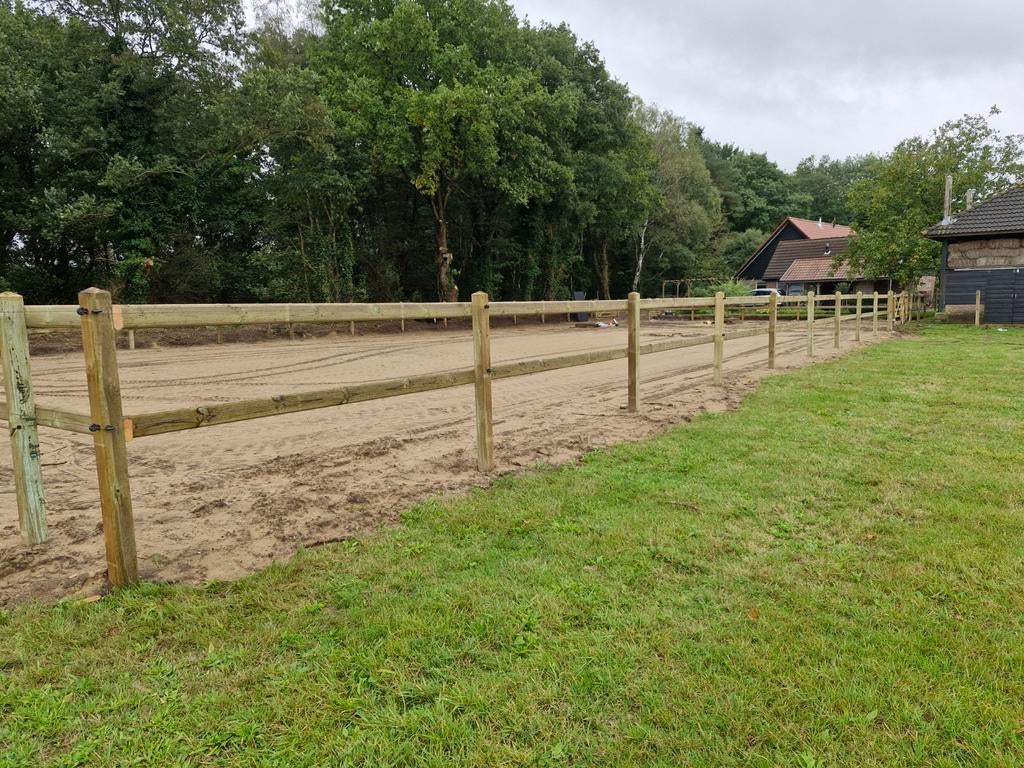 houten omheining paardenbak paddock machinaal houten hek, Weidegang, 4 paarden of pony's of meer